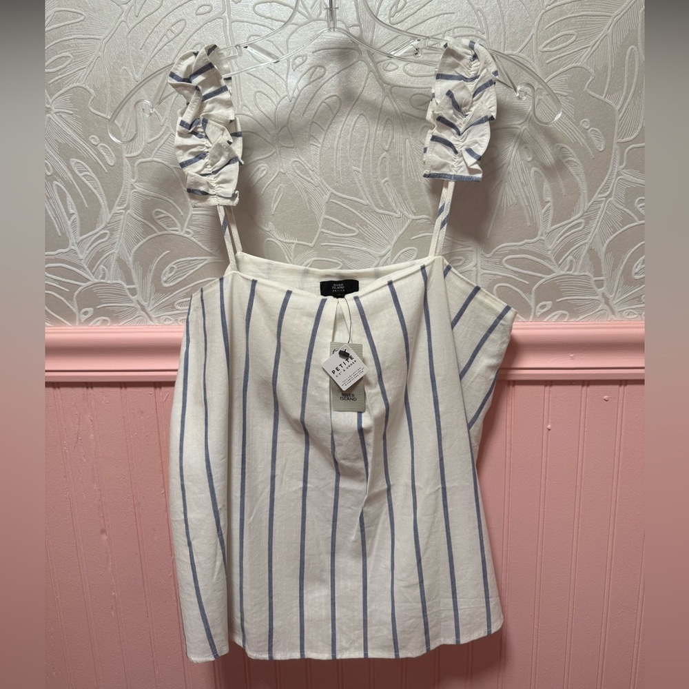 River Island Blue White Preppy Stripe Ruffle Tank Top Sz UK8 Petite NEW w/Tags